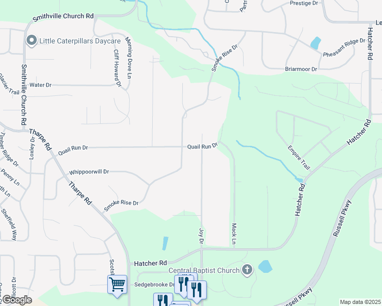 map of restaurants, bars, coffee shops, grocery stores, and more near 202 Quail Run Drive in Warner Robins