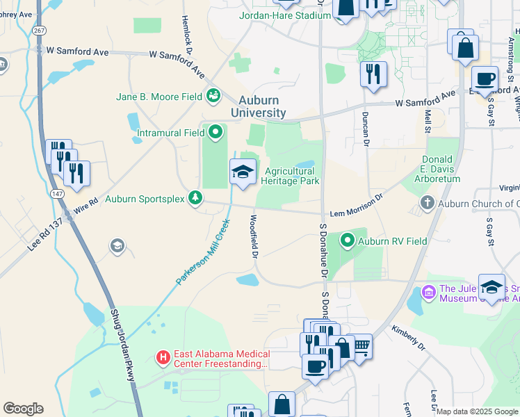 map of restaurants, bars, coffee shops, grocery stores, and more near Lem Morrison Drive in Auburn
