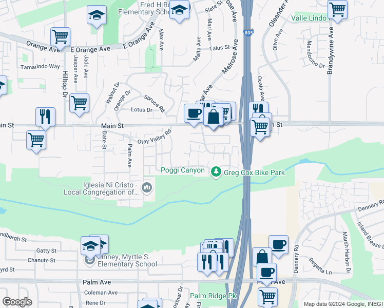 map of restaurants, bars, coffee shops, grocery stores, and more near 253 Rancho Drive in Chula Vista