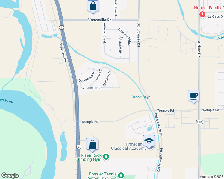 map of restaurants, bars, coffee shops, grocery stores, and more near 252 Gloucester Drive in Bossier City