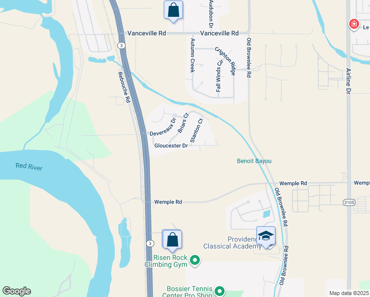 map of restaurants, bars, coffee shops, grocery stores, and more near 236 Gloucester Drive in Bossier City