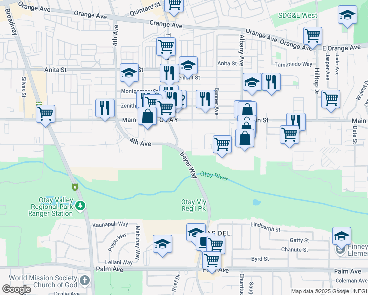 map of restaurants, bars, coffee shops, grocery stores, and more near 225 Beyer Way in Chula Vista