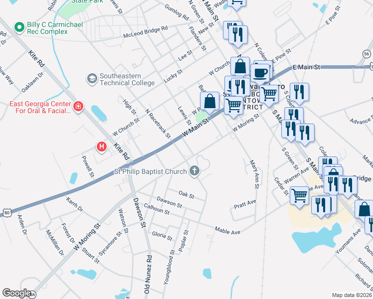 map of restaurants, bars, coffee shops, grocery stores, and more near 114 Jefferson Street in Swainsboro