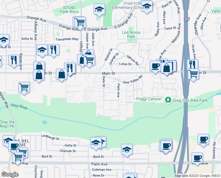 map of restaurants, bars, coffee shops, grocery stores, and more near 165 Date Street in Chula Vista