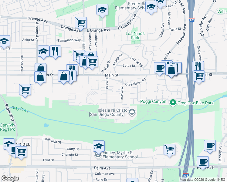 map of restaurants, bars, coffee shops, grocery stores, and more near 165 Date Street in Chula Vista