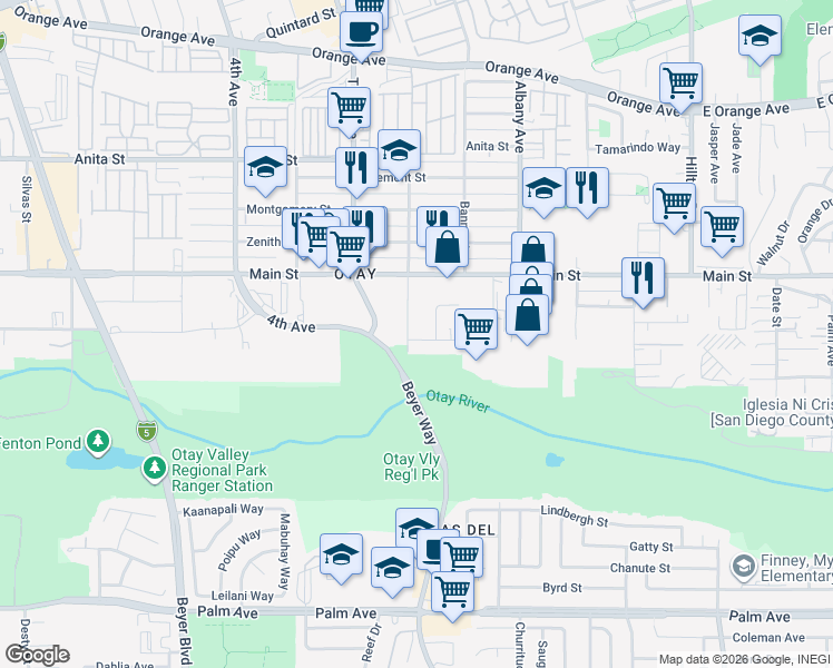 map of restaurants, bars, coffee shops, grocery stores, and more near 148 Teena Drive in Chula Vista