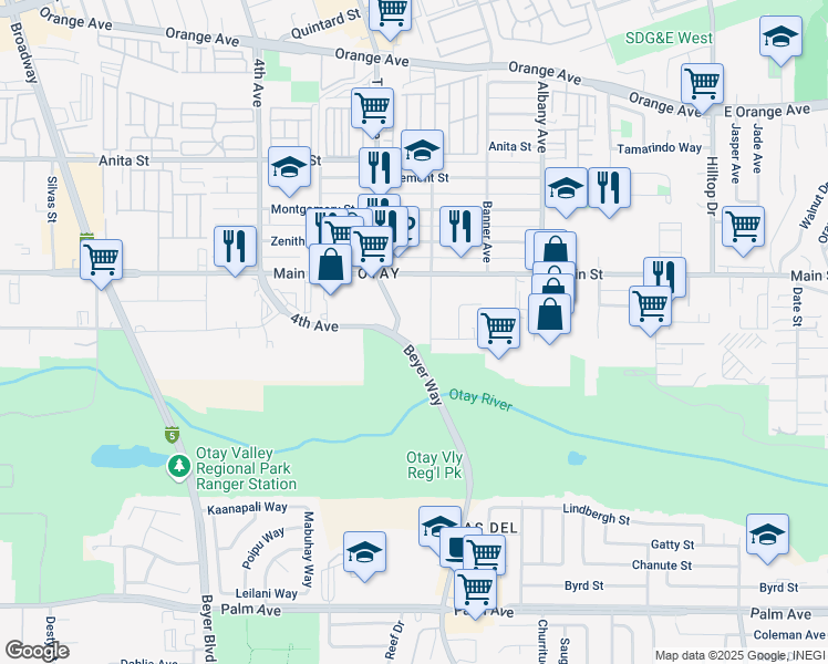 map of restaurants, bars, coffee shops, grocery stores, and more near 225 Beyer Way in Chula Vista