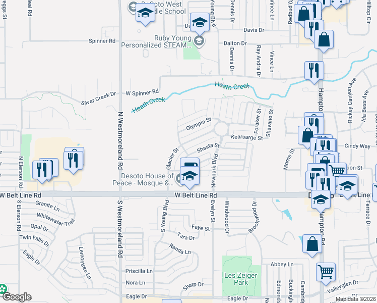 map of restaurants, bars, coffee shops, grocery stores, and more near 605 Shasta Street in DeSoto