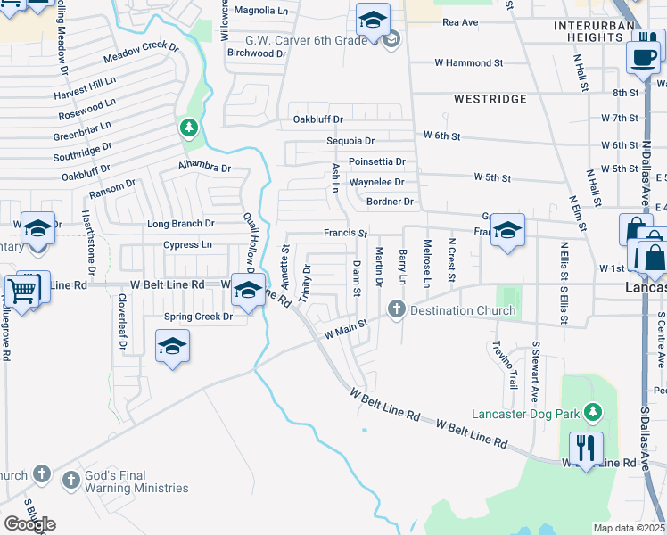 map of restaurants, bars, coffee shops, grocery stores, and more near 215 Diann Street in Lancaster