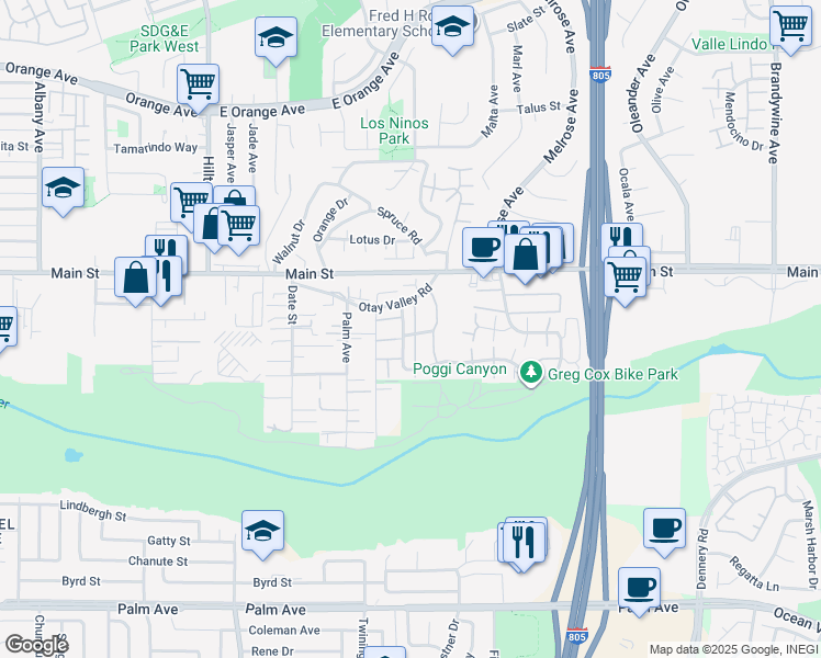 map of restaurants, bars, coffee shops, grocery stores, and more near 1729 Regency Way in Chula Vista