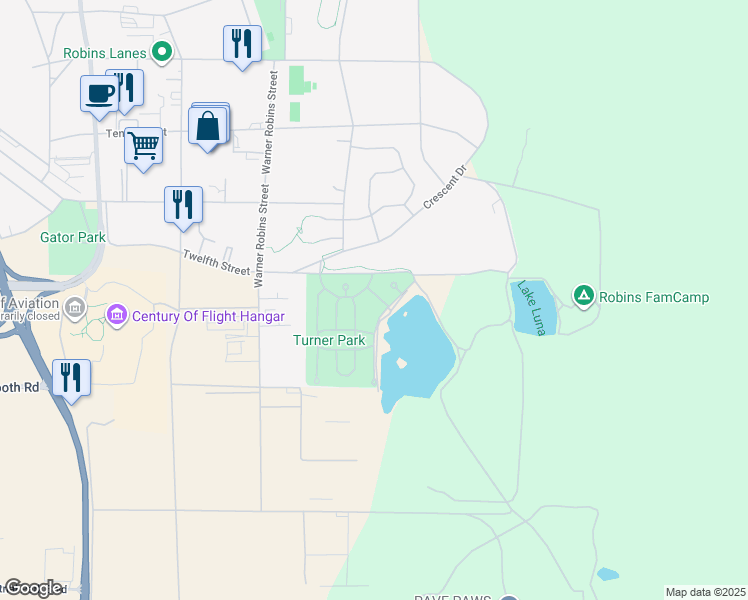 map of restaurants, bars, coffee shops, grocery stores, and more near 101 Habersham Lane in Robins Air Force Base