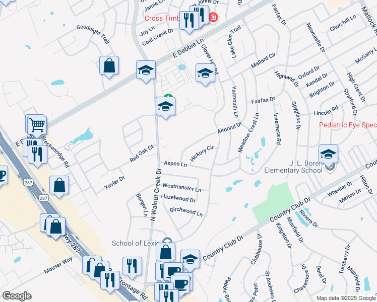 map of restaurants, bars, coffee shops, grocery stores, and more near 1015 Almond Drive in Mansfield