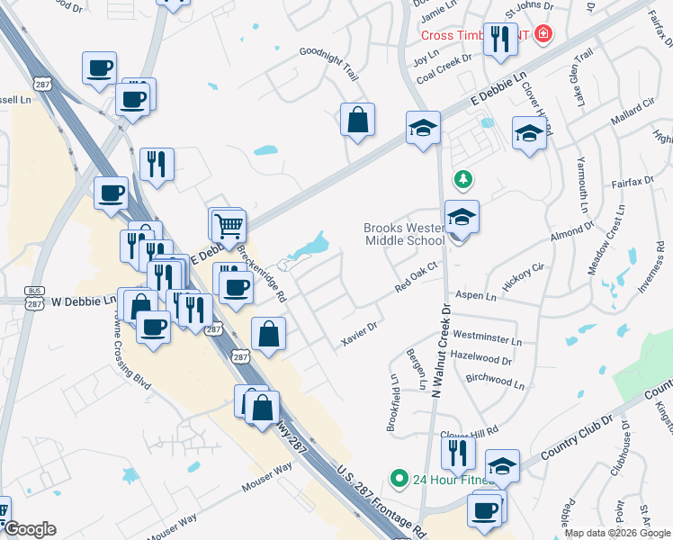 map of restaurants, bars, coffee shops, grocery stores, and more near 1428 Holley Creek Lane in Mansfield