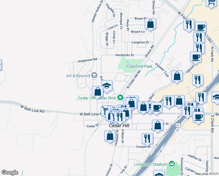 map of restaurants, bars, coffee shops, grocery stores, and more near 600 Chambers Street in Cedar Hill