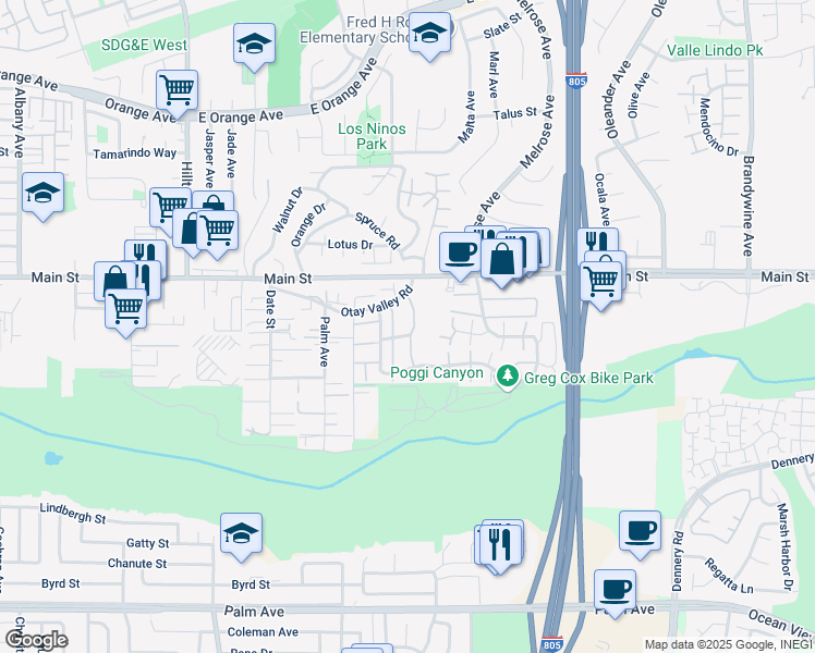 map of restaurants, bars, coffee shops, grocery stores, and more near 1729 Regency Way in Chula Vista