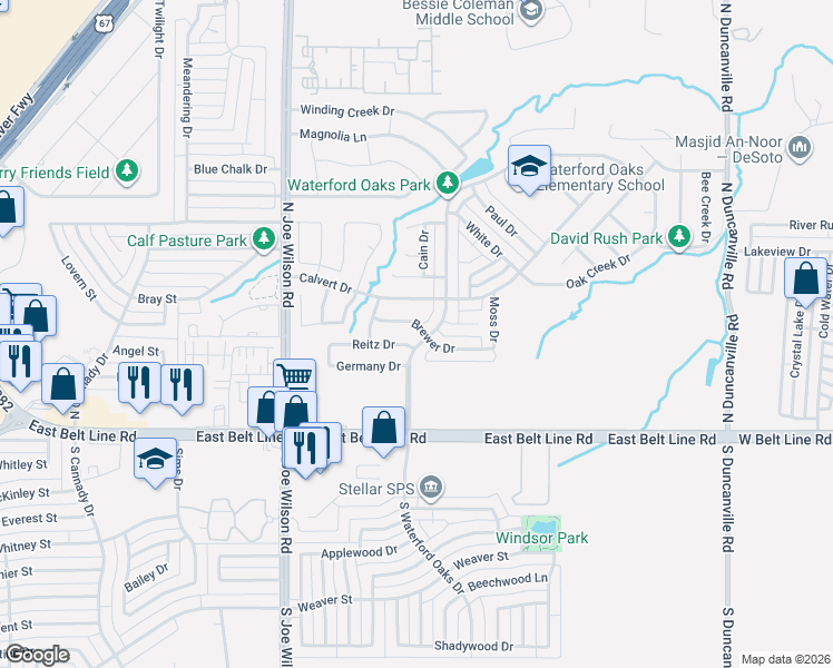 map of restaurants, bars, coffee shops, grocery stores, and more near 1111 Brewer Drive in Cedar Hill