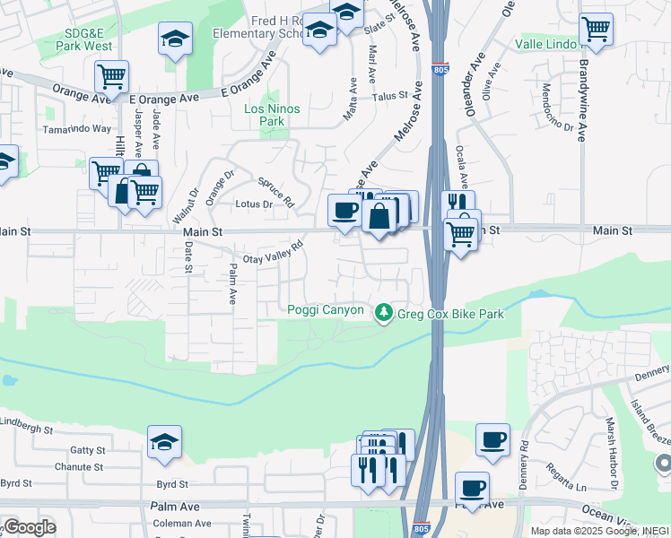 map of restaurants, bars, coffee shops, grocery stores, and more near 269 Rancho Court in Chula Vista