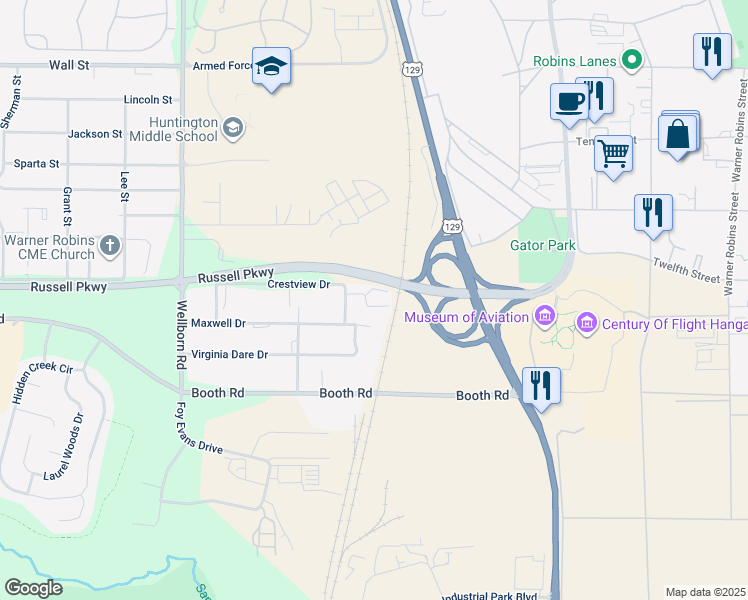 map of restaurants, bars, coffee shops, grocery stores, and more near 116 Sherry Lane in Warner Robins