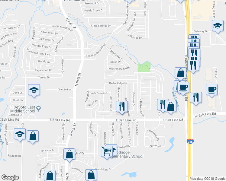 map of restaurants, bars, coffee shops, grocery stores, and more near 220 Idle Creek Lane in DeSoto