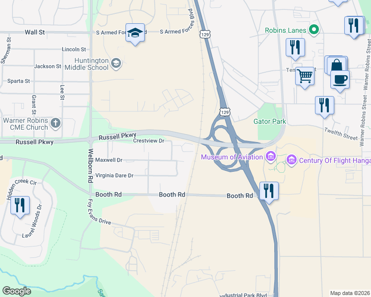 map of restaurants, bars, coffee shops, grocery stores, and more near 116 Sherry Lane in Warner Robins