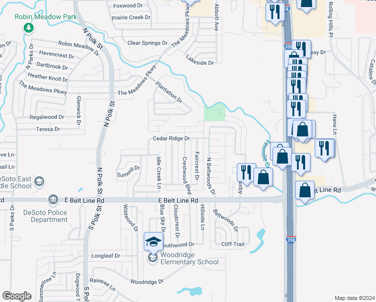 map of restaurants, bars, coffee shops, grocery stores, and more near 156 Crestwood Boulevard in DeSoto