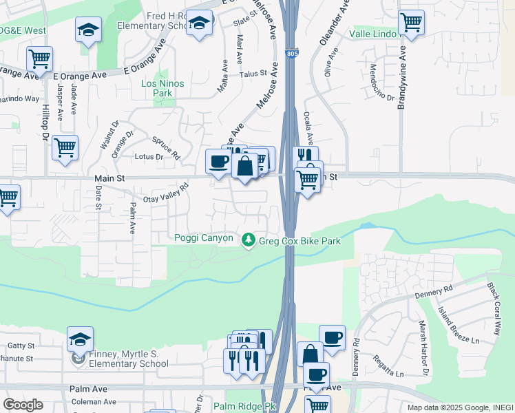 map of restaurants, bars, coffee shops, grocery stores, and more near 311 Rancho Drive in Chula Vista