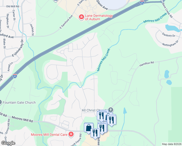 map of restaurants, bars, coffee shops, grocery stores, and more near 724 Highland Road in Auburn