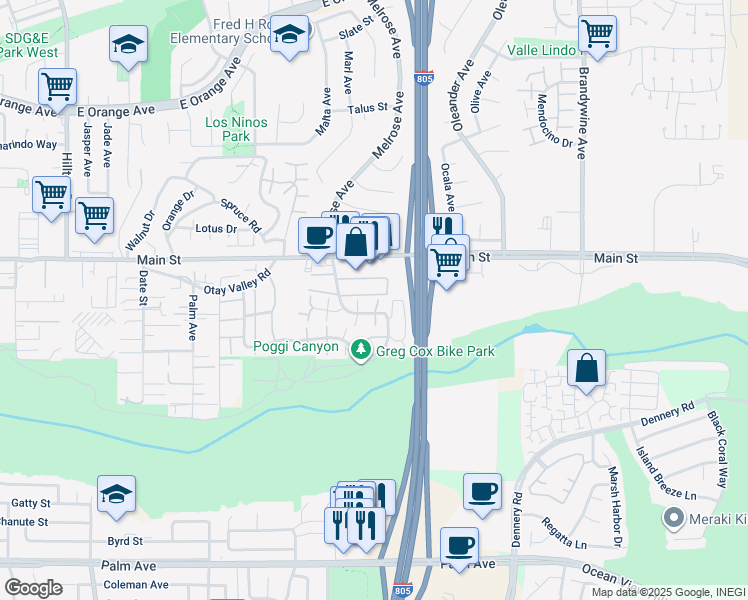 map of restaurants, bars, coffee shops, grocery stores, and more near 311 Rancho Drive in Chula Vista