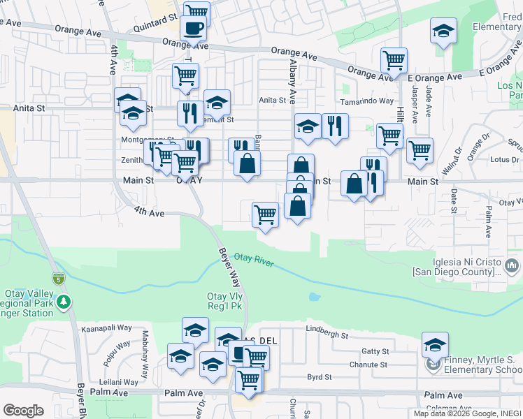 map of restaurants, bars, coffee shops, grocery stores, and more near 3451 Main Street in Chula Vista