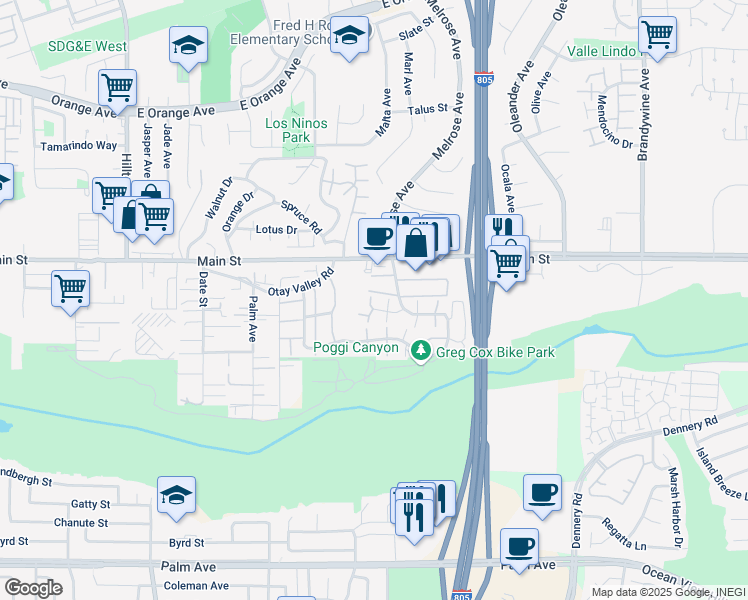 map of restaurants, bars, coffee shops, grocery stores, and more near 269 Rancho Court in Chula Vista