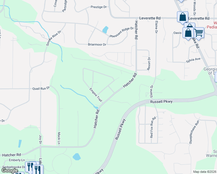 map of restaurants, bars, coffee shops, grocery stores, and more near 107 Dynasty Terrace in Warner Robins