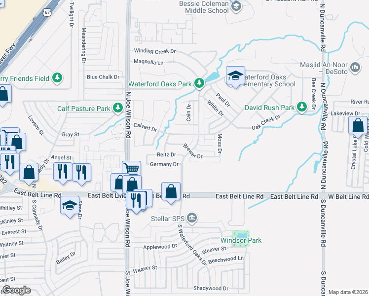 map of restaurants, bars, coffee shops, grocery stores, and more near 1111 Brewer Drive in Cedar Hill