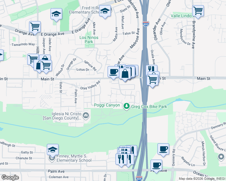 map of restaurants, bars, coffee shops, grocery stores, and more near 265 Rancho Court in Chula Vista