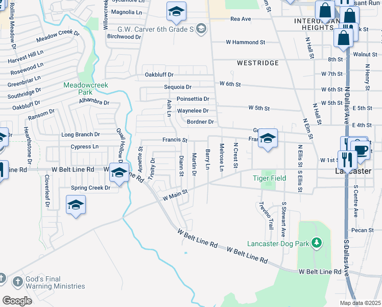 map of restaurants, bars, coffee shops, grocery stores, and more near 223 Martin Drive in Lancaster