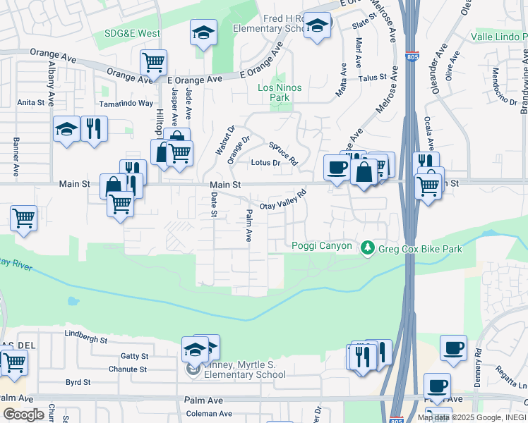 map of restaurants, bars, coffee shops, grocery stores, and more near 4087 Otay Valley Road in Chula Vista