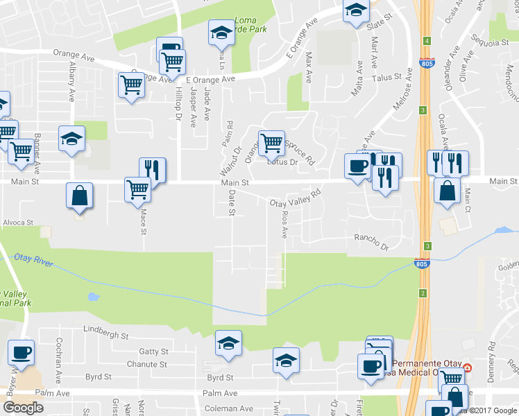 map of restaurants, bars, coffee shops, grocery stores, and more near 154 Palm Avenue in Chula Vista