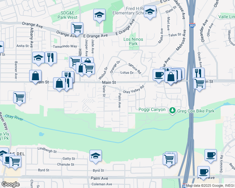 map of restaurants, bars, coffee shops, grocery stores, and more near 154 Palm Avenue in Chula Vista