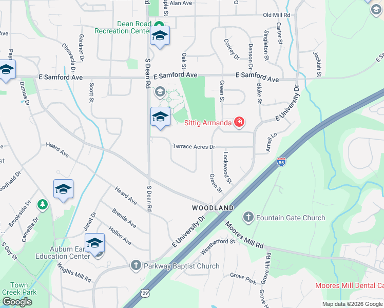 map of restaurants, bars, coffee shops, grocery stores, and more near 1045 Terrace Acres Circle in Auburn