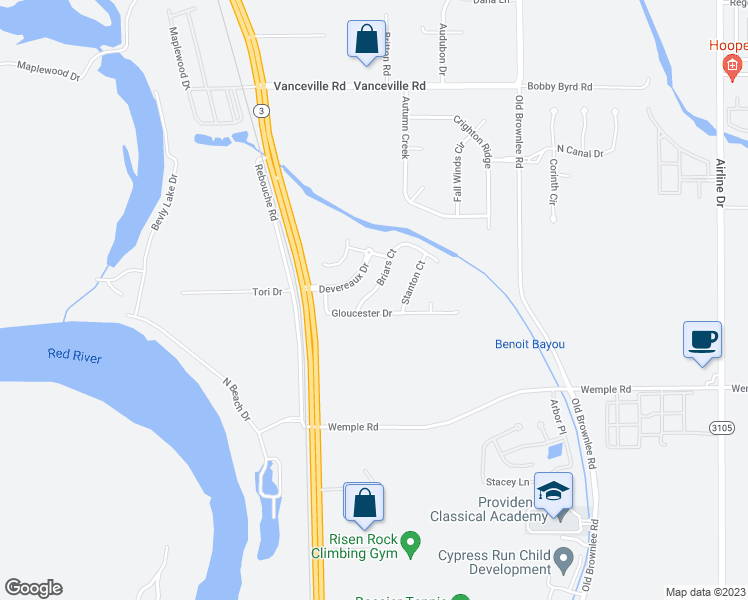 map of restaurants, bars, coffee shops, grocery stores, and more near 306 Briars Court in Bossier City