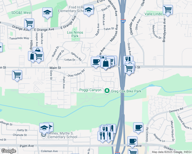 map of restaurants, bars, coffee shops, grocery stores, and more near 265 Rancho Court in Chula Vista