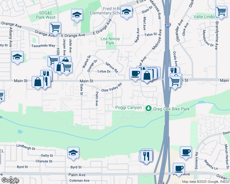 map of restaurants, bars, coffee shops, grocery stores, and more near 1729 Regency Way in Chula Vista
