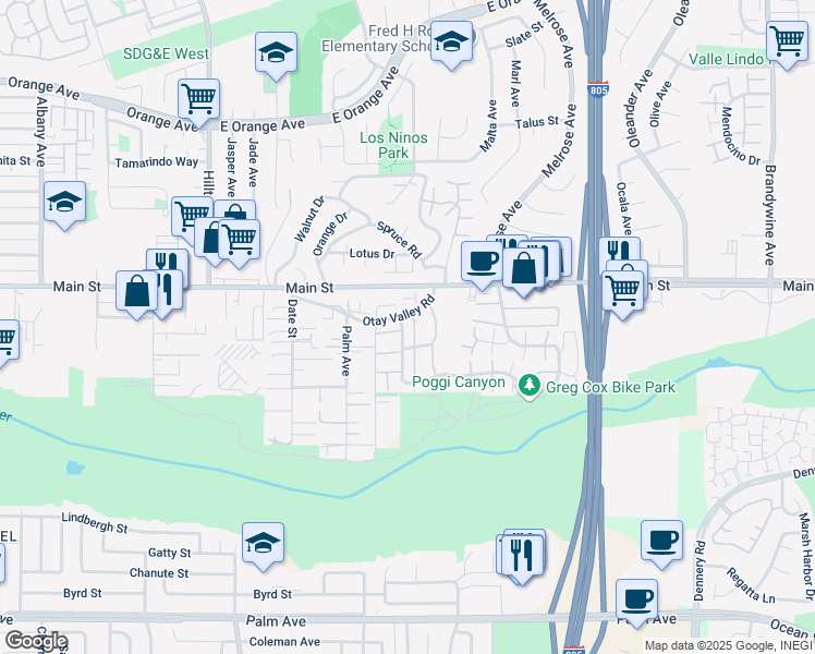 map of restaurants, bars, coffee shops, grocery stores, and more near 1729 Regency Way in Chula Vista