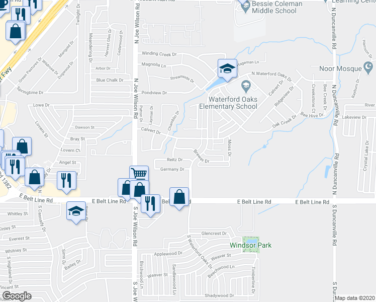 map of restaurants, bars, coffee shops, grocery stores, and more near 1113 Brewer Drive in Cedar Hill
