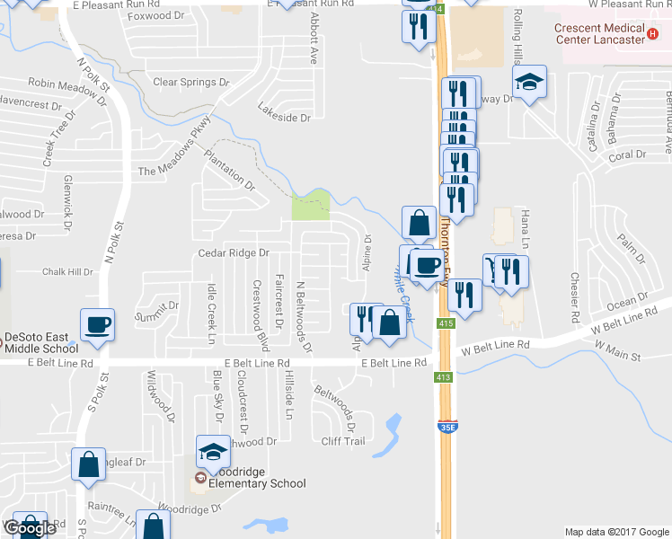 map of restaurants, bars, coffee shops, grocery stores, and more near 342 Beltwood Place in DeSoto