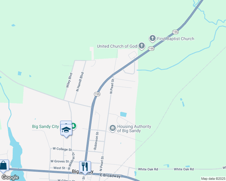 map of restaurants, bars, coffee shops, grocery stores, and more near 642 North Pearl Street in Big Sandy