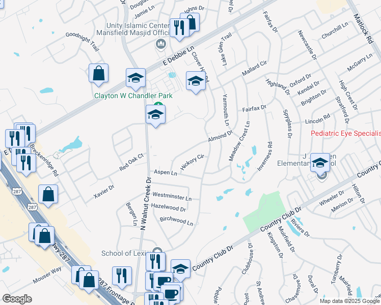 map of restaurants, bars, coffee shops, grocery stores, and more near 1018 Almond Drive in Mansfield