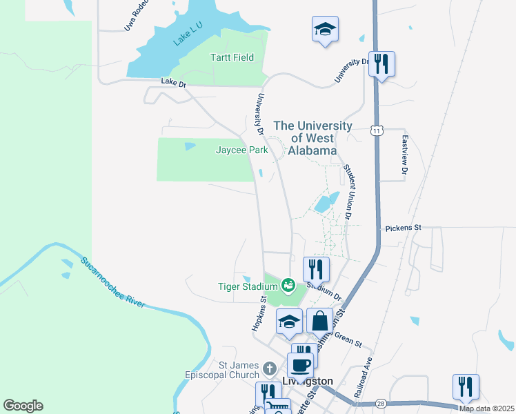 map of restaurants, bars, coffee shops, grocery stores, and more near Hopkins Street in Livingston