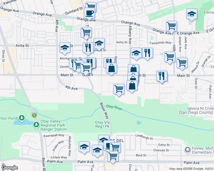 map of restaurants, bars, coffee shops, grocery stores, and more near 148 Teena Drive in Chula Vista