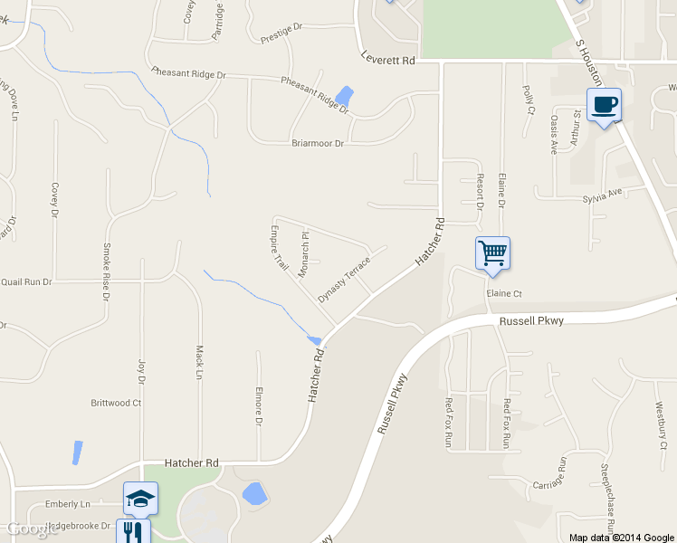 map of restaurants, bars, coffee shops, grocery stores, and more near 107 Dynasty Terrace in Warner Robins