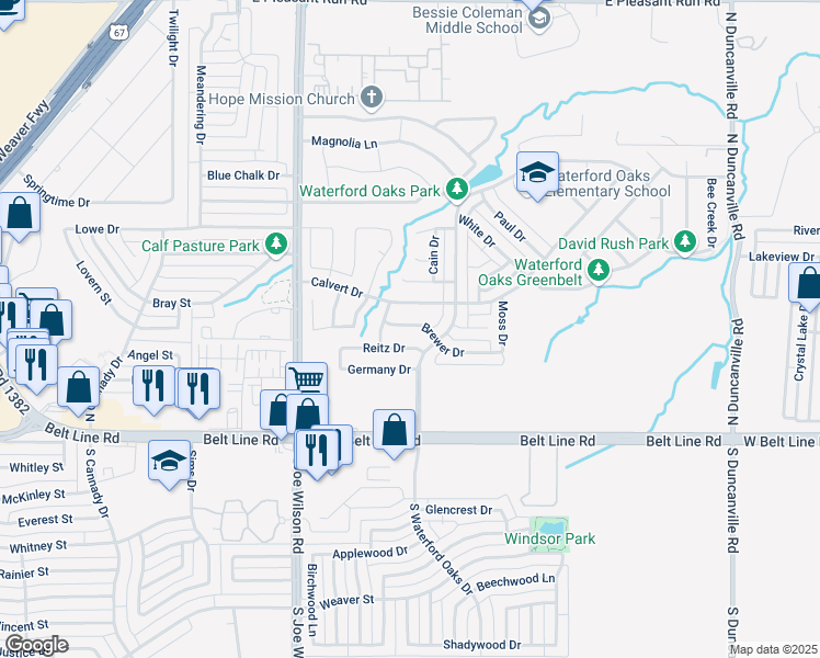 map of restaurants, bars, coffee shops, grocery stores, and more near 1111 Brewer Drive in Cedar Hill